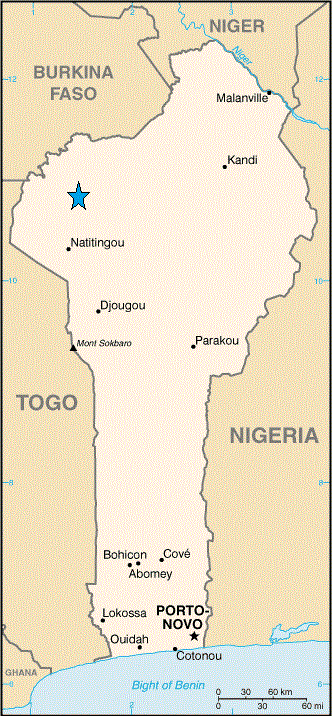 Localisation des chutes de Tanougou